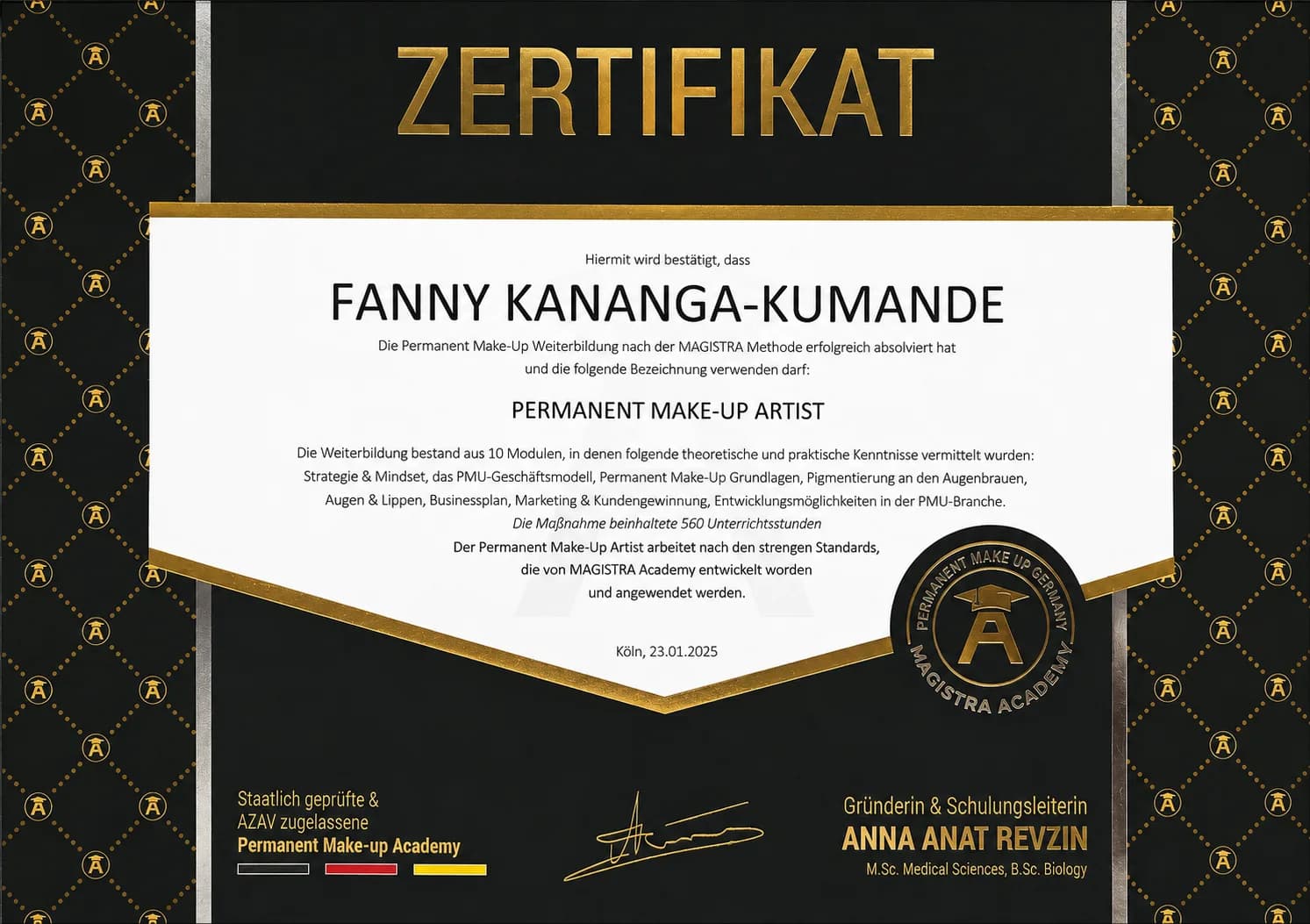 Zertifikat für Fanny Kananga-Kumande als Permanent Make-up Artist, ausgestellt in Köln im Januar 2025 nach 560 Unterrichtsstunden in zehn Modulen