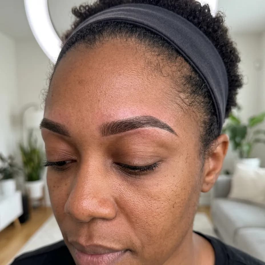 Abgeheilte Powder Brows im Halbprofil, weich auslaufender Brauenkopf