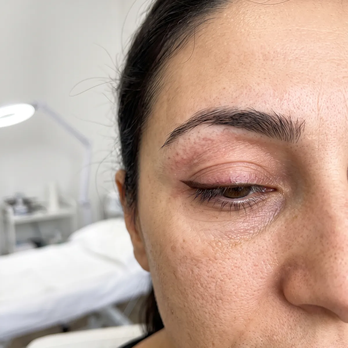 Geöffnetes Auge mit abgeheiltem permanentem Lidstrich