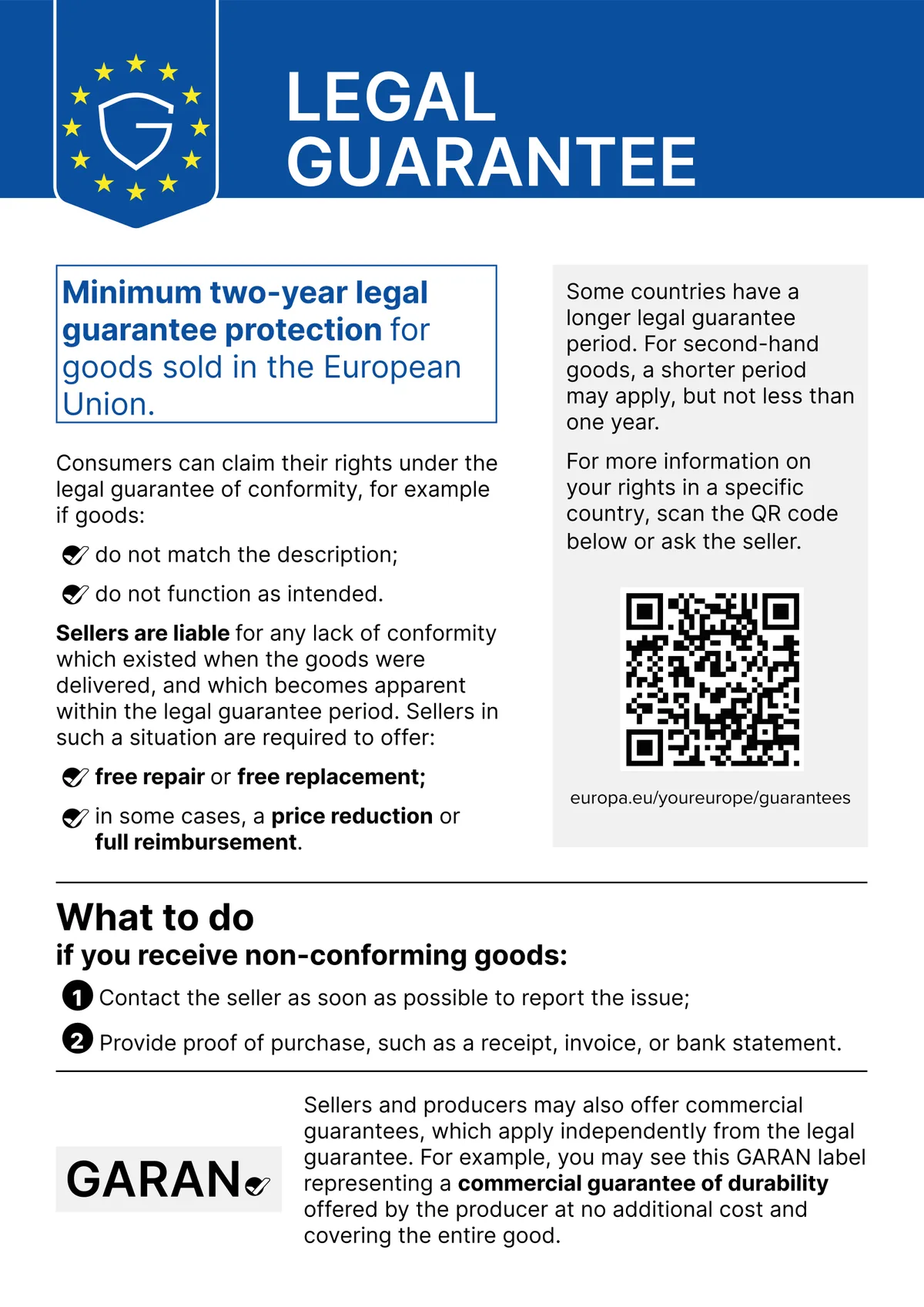 Harmonised EU notice on the legal guarantee for goods (minimum two years)